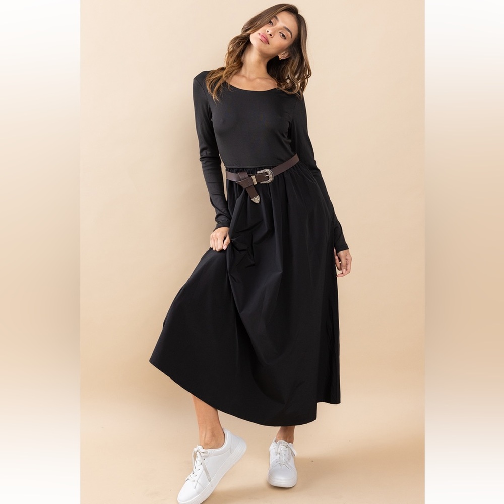 40 Boho Contrast Fabric Long Sleeve Midi Dress - Picture 2 of 4